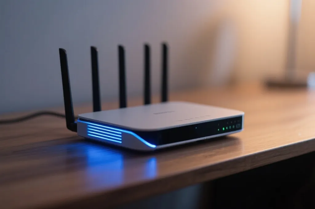 A sleek home router with glowing blue LED lights on a wooden desk with soft background blur