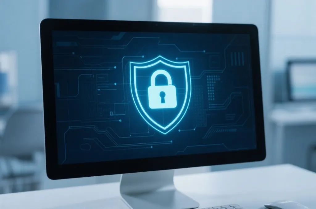 A digital security concept showing a lock icon on a computer screen with a shield, represent high cyber security, professional and clean design.