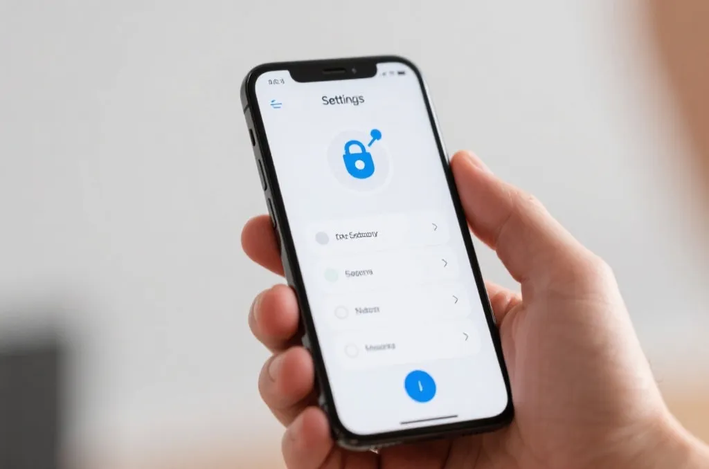 Close-up of a hand holding a modern smartphone, showing a settings menu interface with a security toggle, flat design style