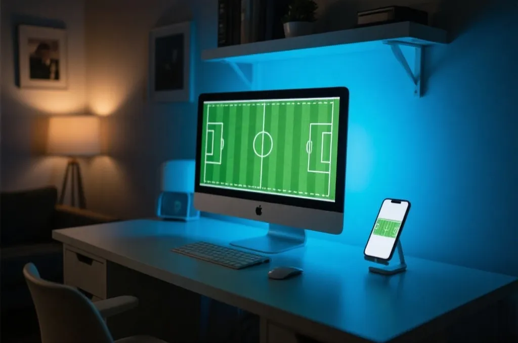 A clean home office setup at night with a glowing computer monitor and a mobile phone on a stand, showing stylized generic athletic field graphics, cozy and high-tech atmosphere